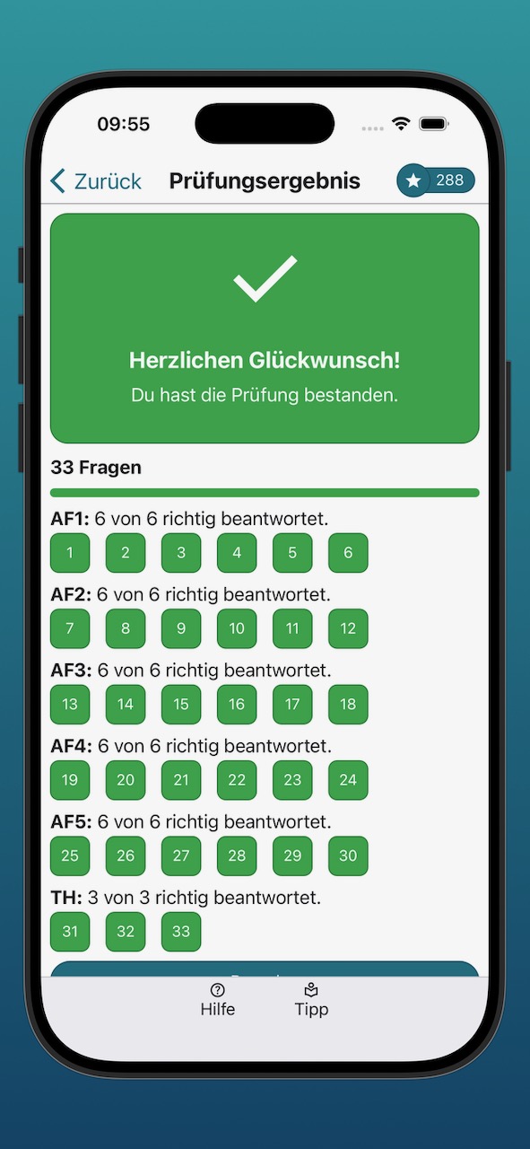 Bildschirmfoto der Anzeige eines erfolgreichen Prüfungsergebnisses