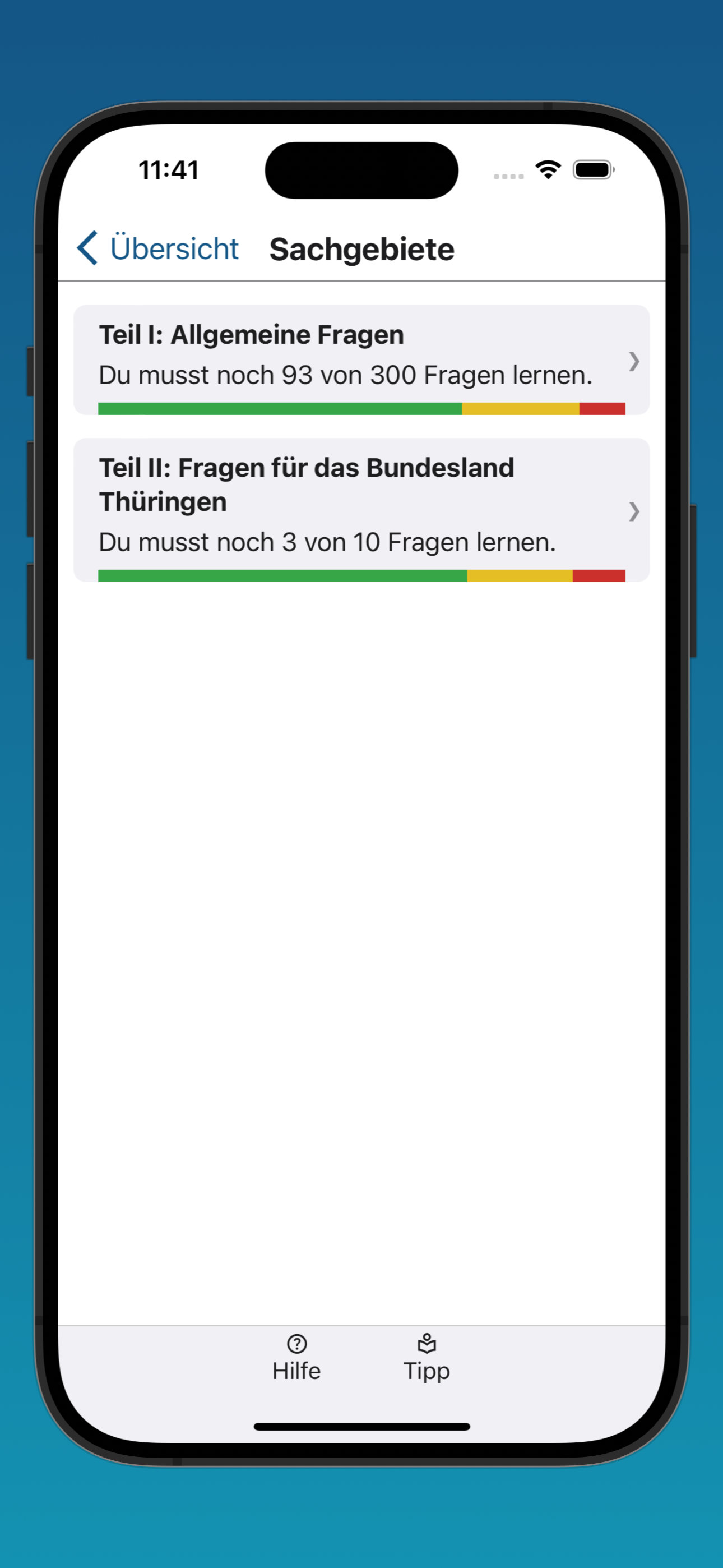 Bildschirmfoto der Übersicht über den Lernfortschritt in allen Sachgebieten