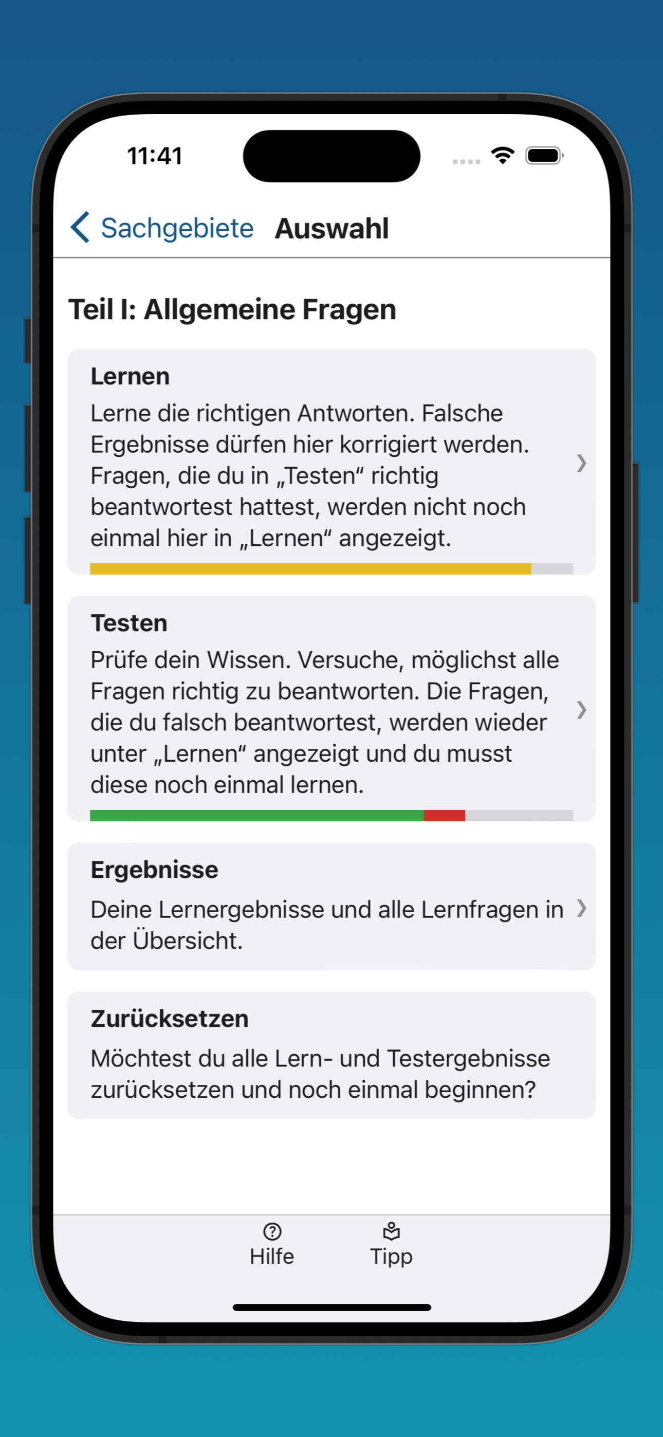 Bildschirmfoto der Übersicht der Auswahl eines Sachgebiets