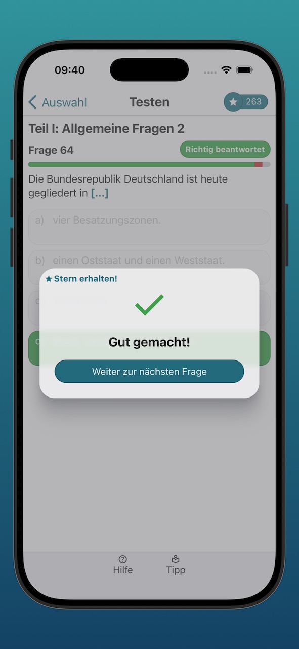 Bildschirmfoto der Ergebnisanzeige einer richtig beantworteten Frage