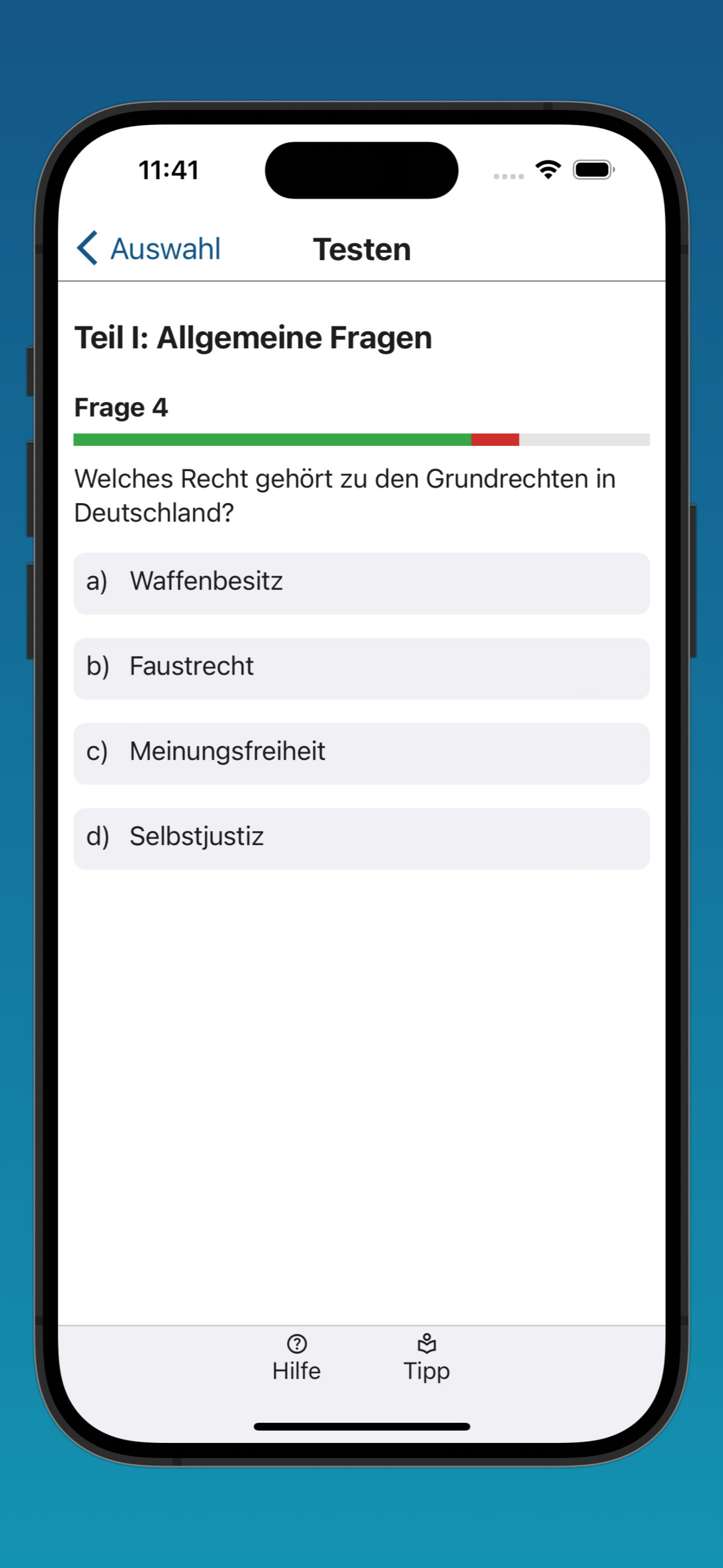 Bildschirmfoto einer Testfrage