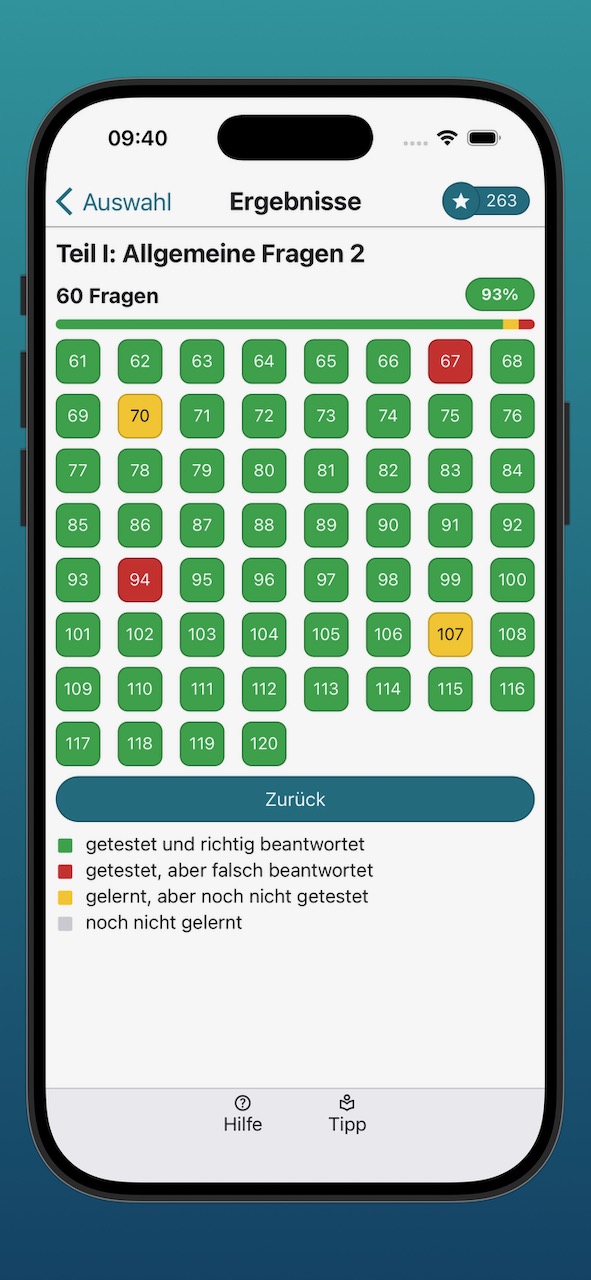 Bildschirmfoto der Anzeige der Lernergebnisse