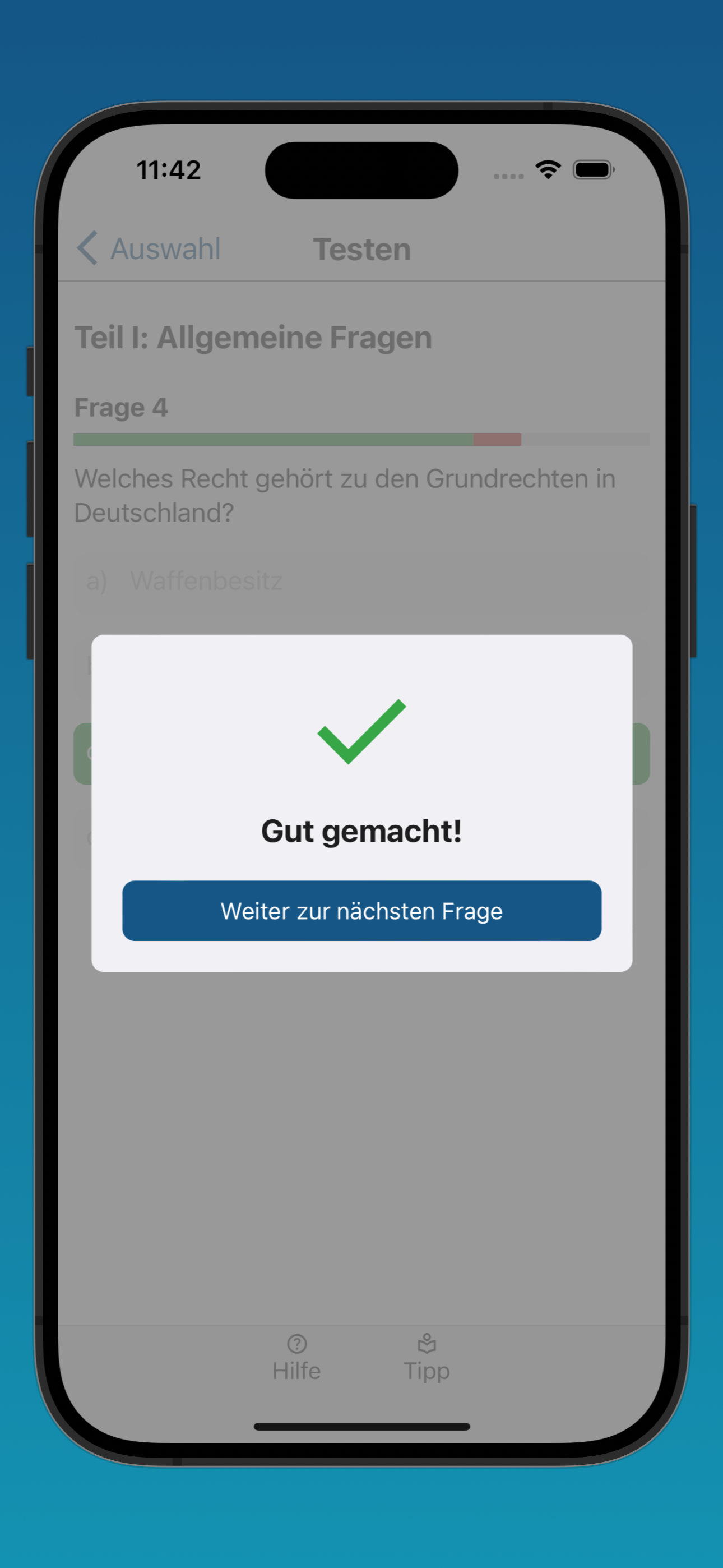 Bildschirmfoto der Ergebnisanzeige einer richtig beantworteten Frage