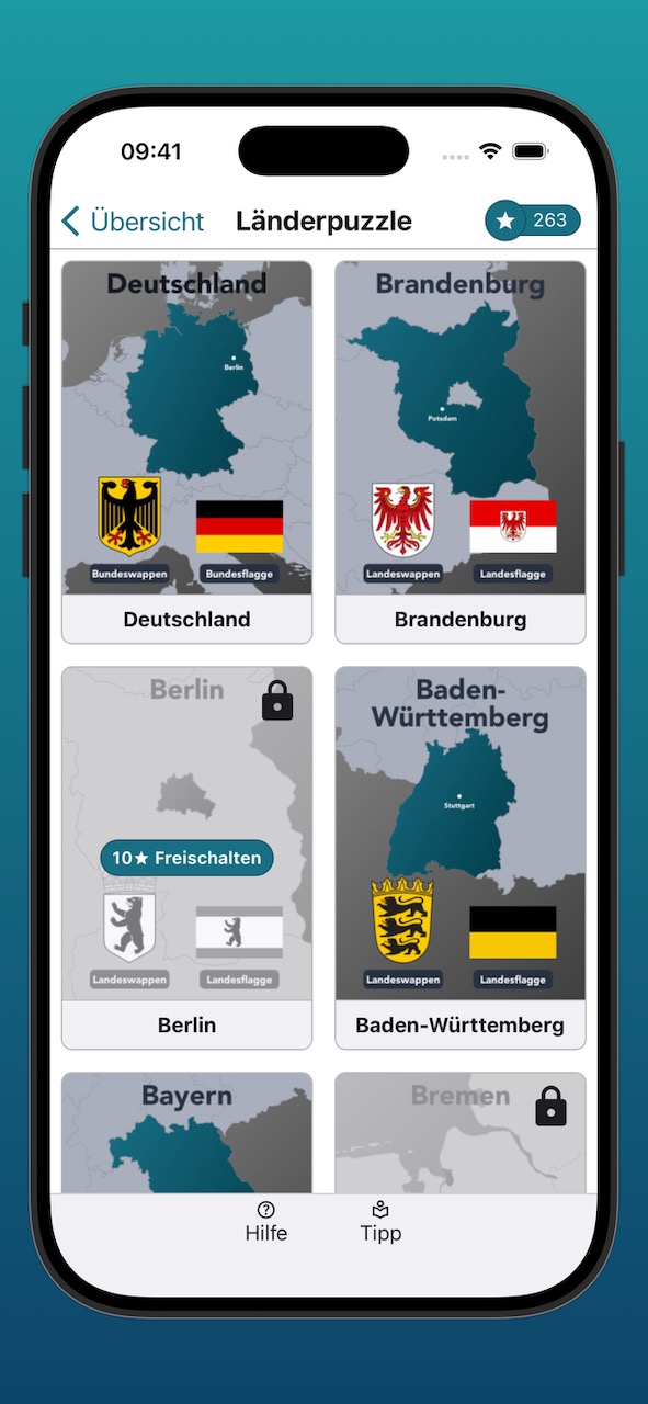 Bildschirmfoto der Anzeige der Länderpuzzle