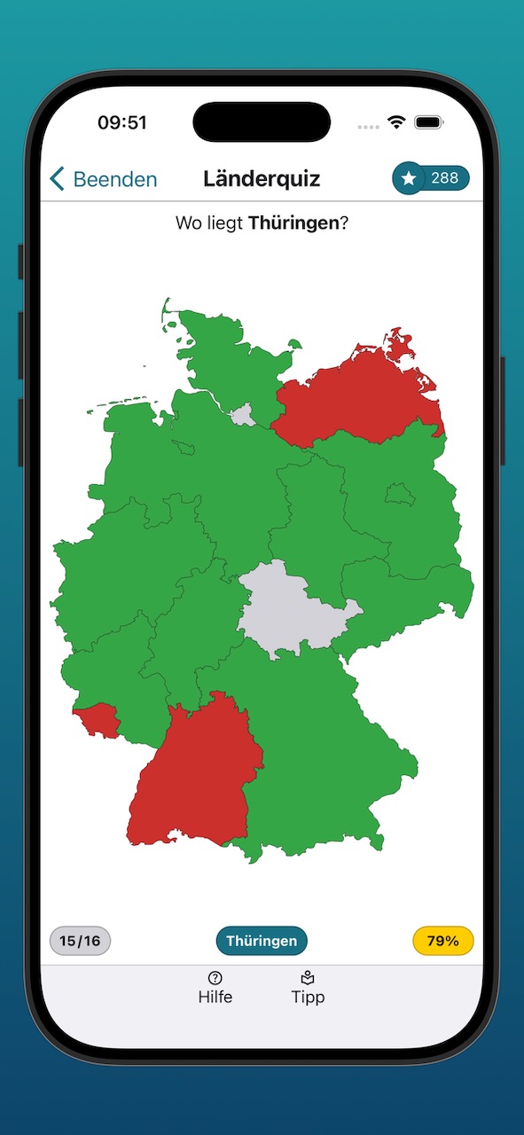 Bildschirmfoto der Anzeige des Länderquiz während des Spielsn