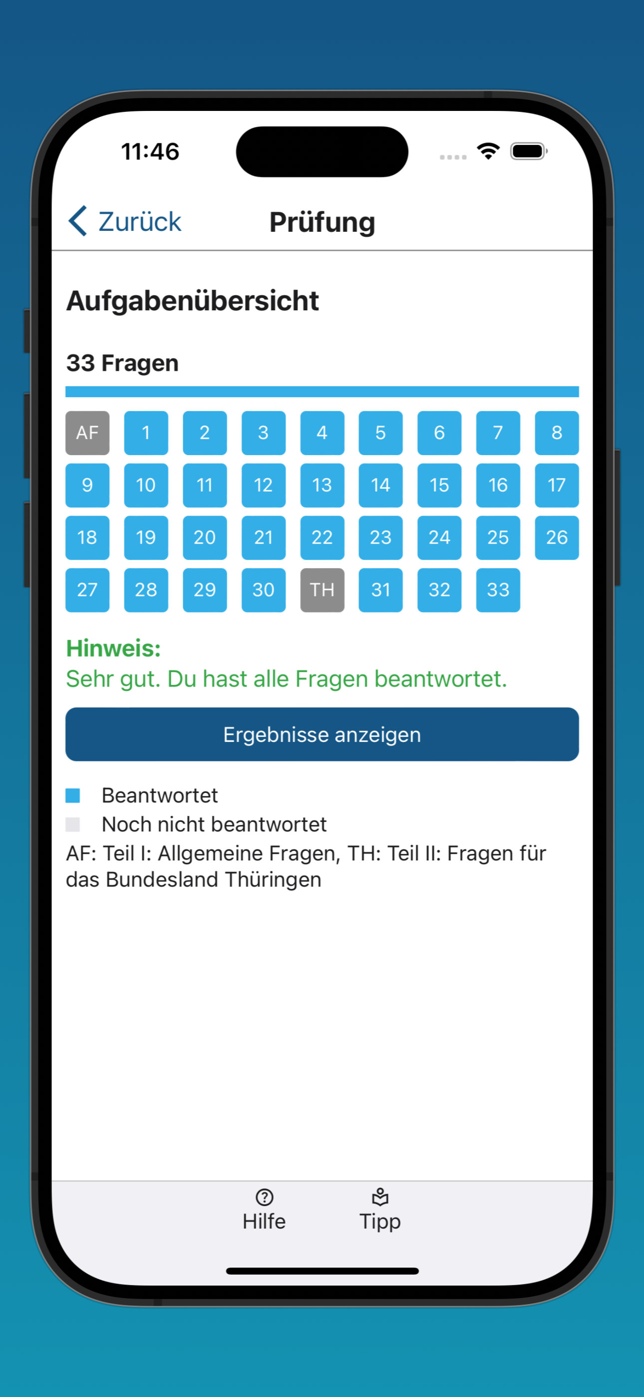 Bildschirmfoto der Anzeige der Übersicht über die beantworteten Prüfungsfragen
