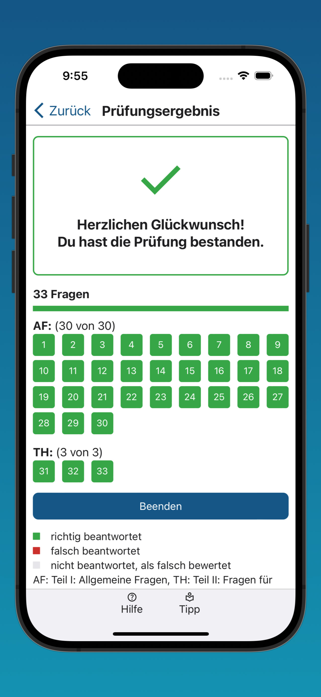 Bildschirmfoto der Anzeige eines Prüfungsergebnisses
