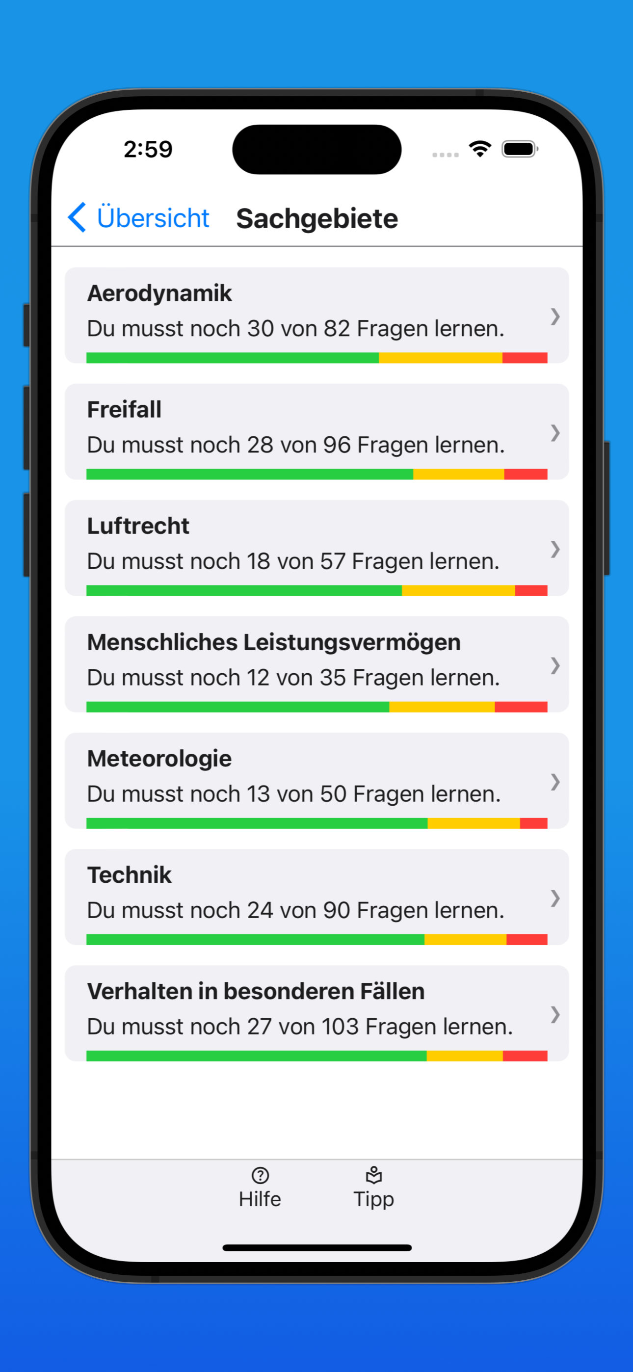Bildschirmfoto der Übersicht über den Lernfortschritt in allen Sachgebieten