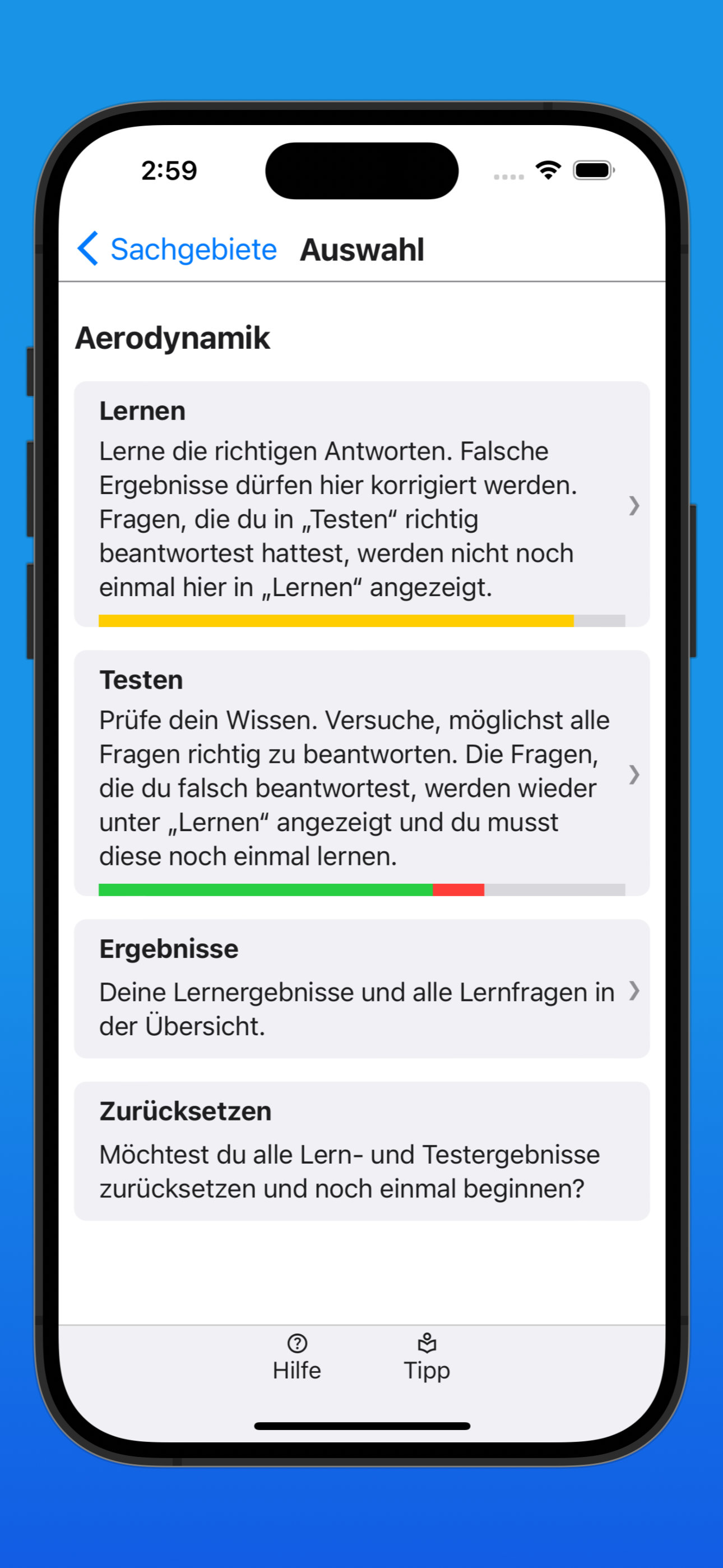Bildschirmfoto einer Auswahl eines Sachgebiets