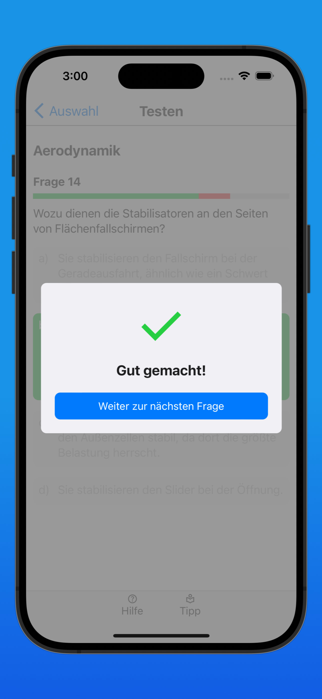 Bildschirmfoto der Ergebnisanzeige einer richtig beantworteten Frage