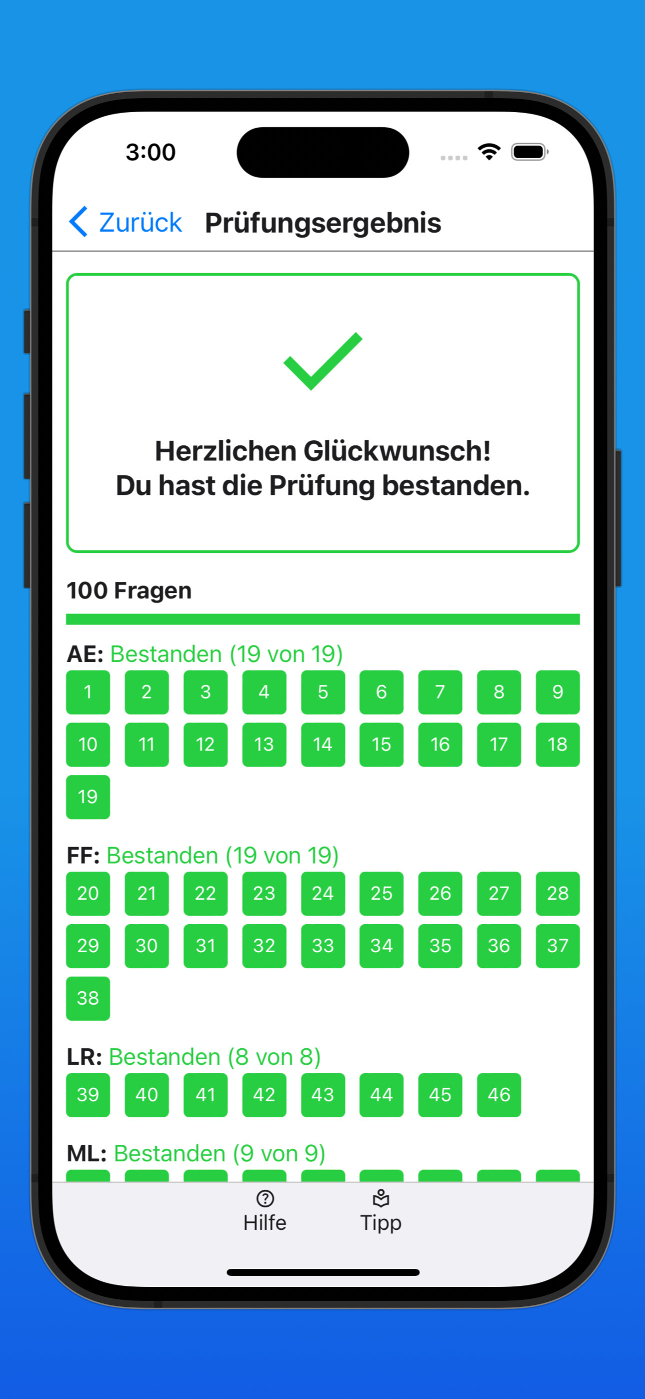 Bildschirmfoto der Anzeige eines Prüfungsergebnisses