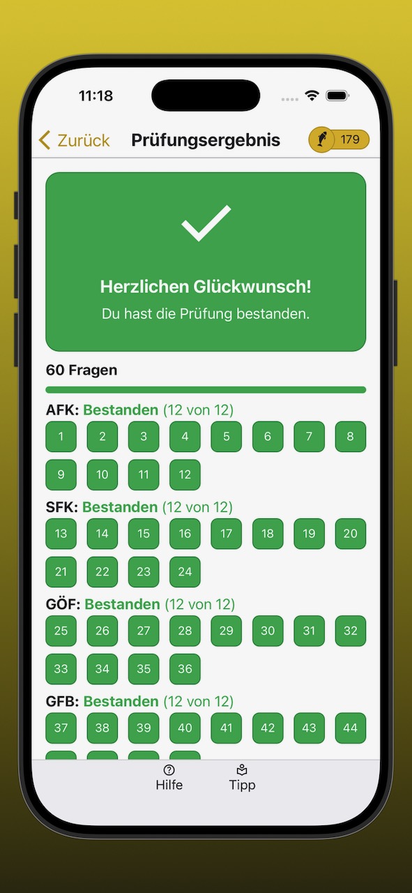 Bildschirmfoto der Anzeige eines erfolgreichen Prüfungsergebnisses
