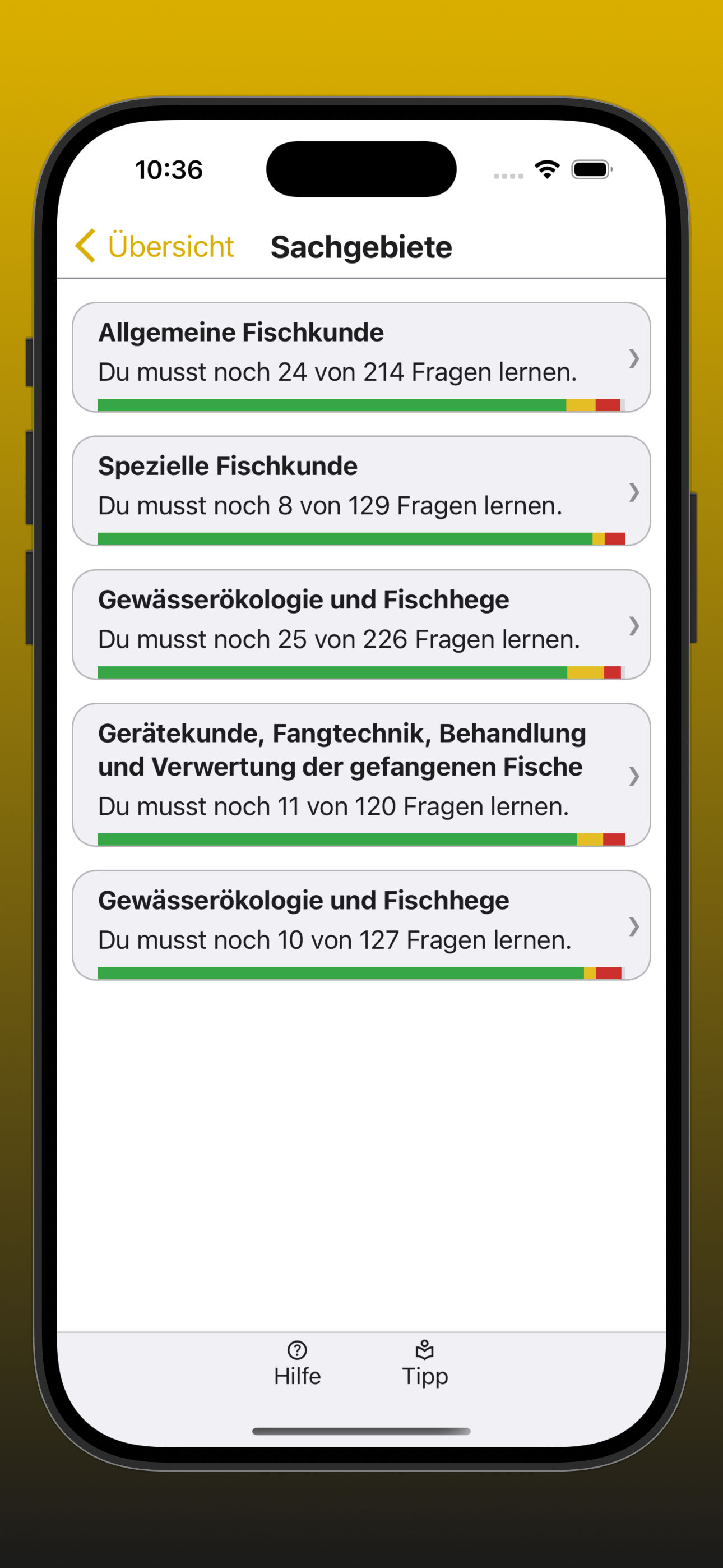 Bildschirmfoto der Übersicht über den Lernfortschritt in allen Sachgebieten