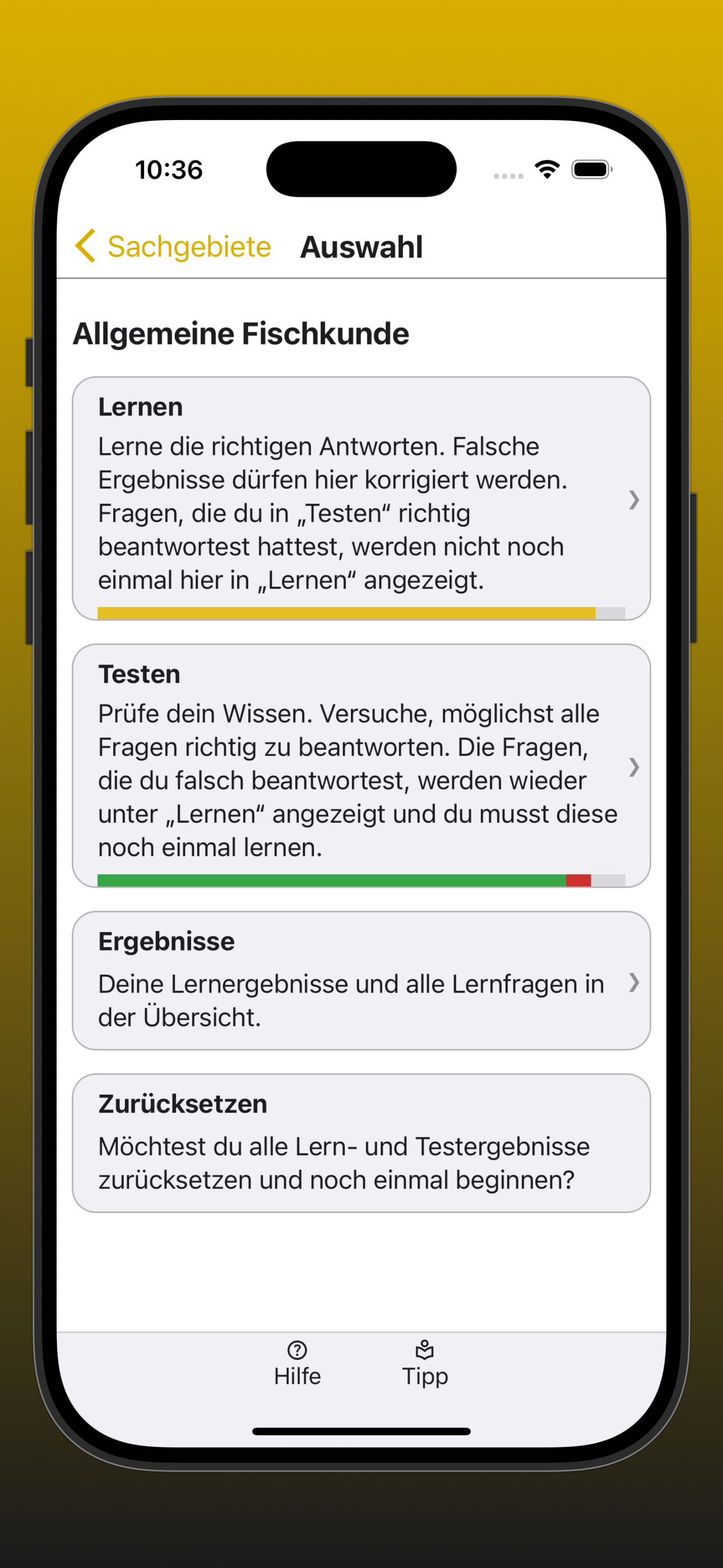 Bildschirmfoto der Übersicht der Auswahl eines Sachgebiets