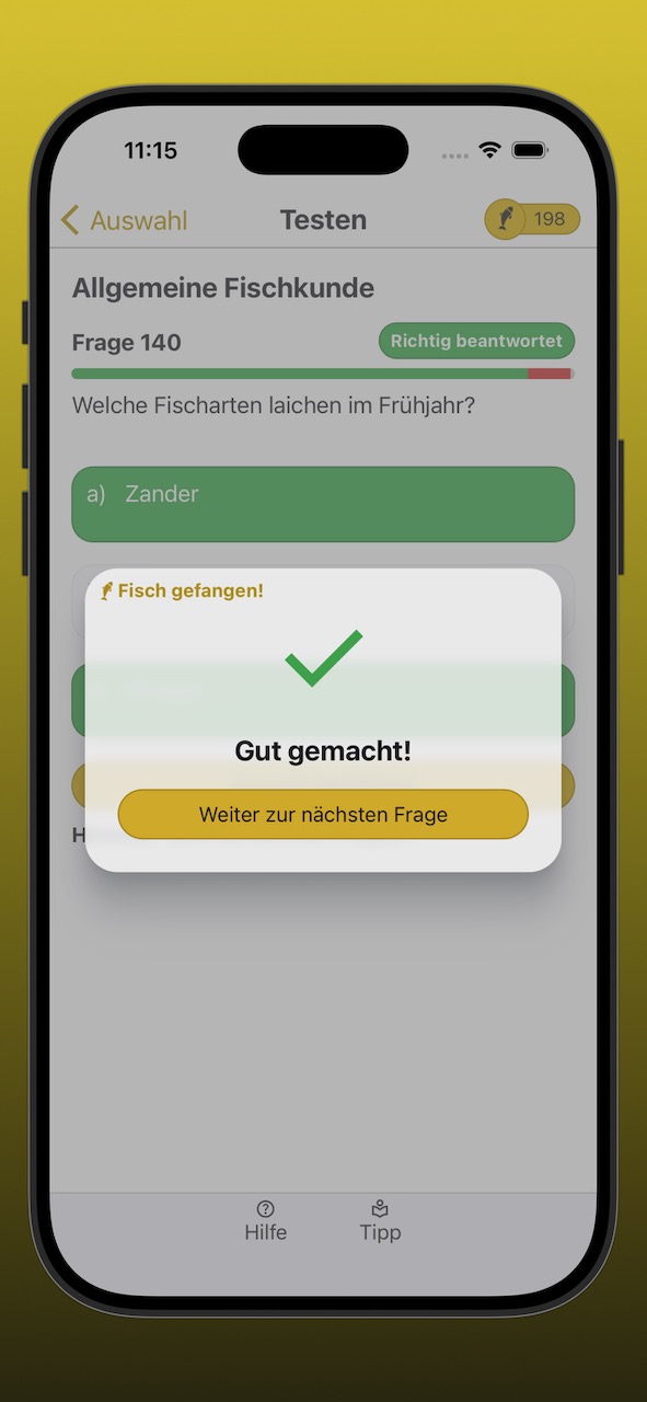 Bildschirmfoto der Ergebnisanzeige einer richtig beantworteten Frage