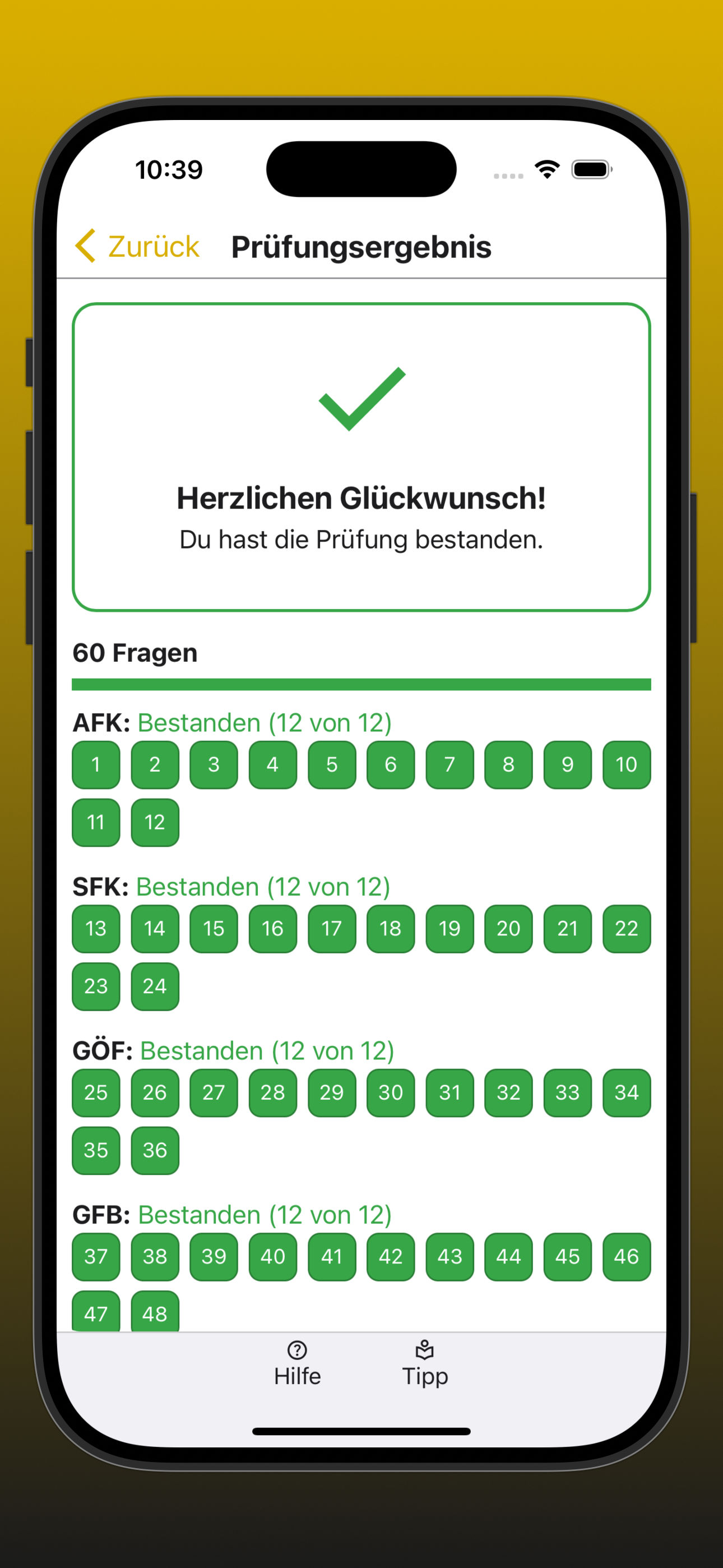 Bildschirmfoto der Anzeige der Übersicht über die beantworteten Prüfungsfragen