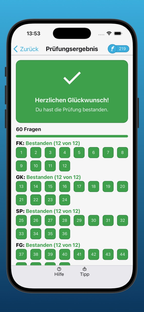 Bildschirmfoto der Anzeige eines erfolgreichen Prüfungsergebnisses