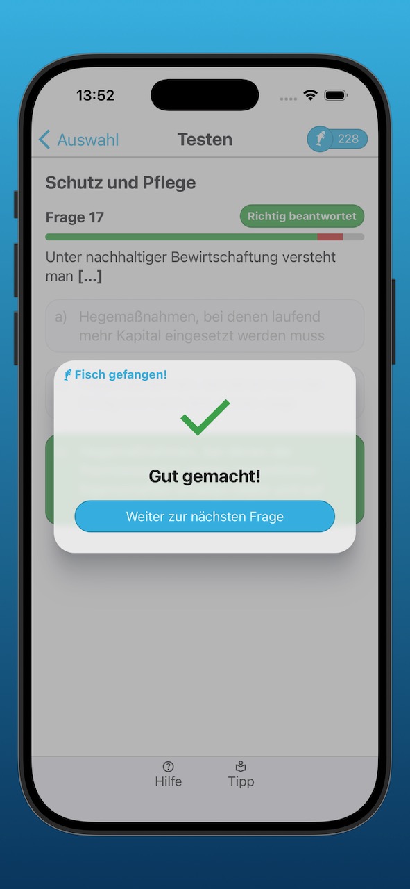 Bildschirmfoto der Ergebnisanzeige einer richtig beantworteten Frage