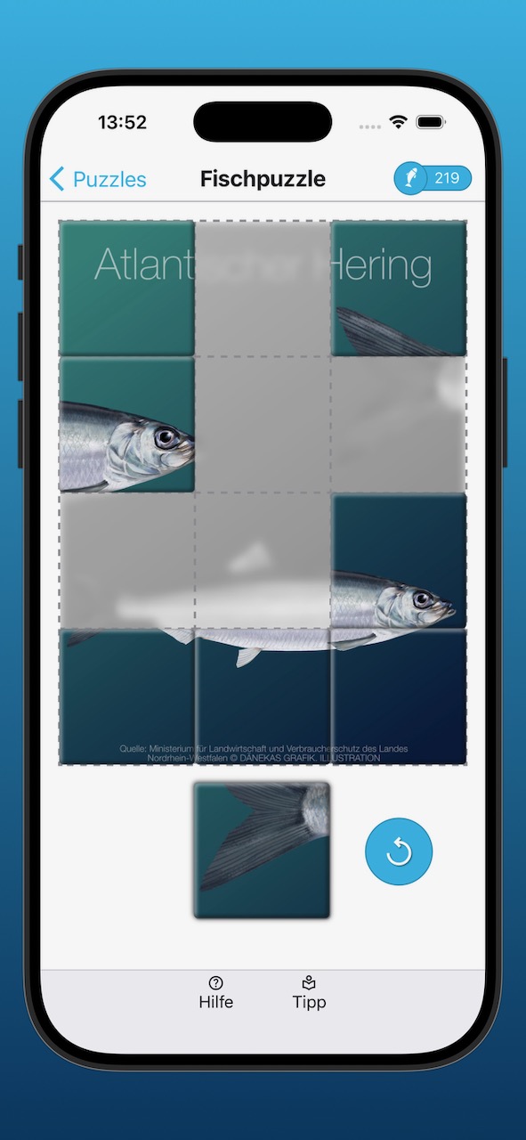 Bildschirmfoto der Anzeige eines Fischpuzzles während der Bearbeitung
