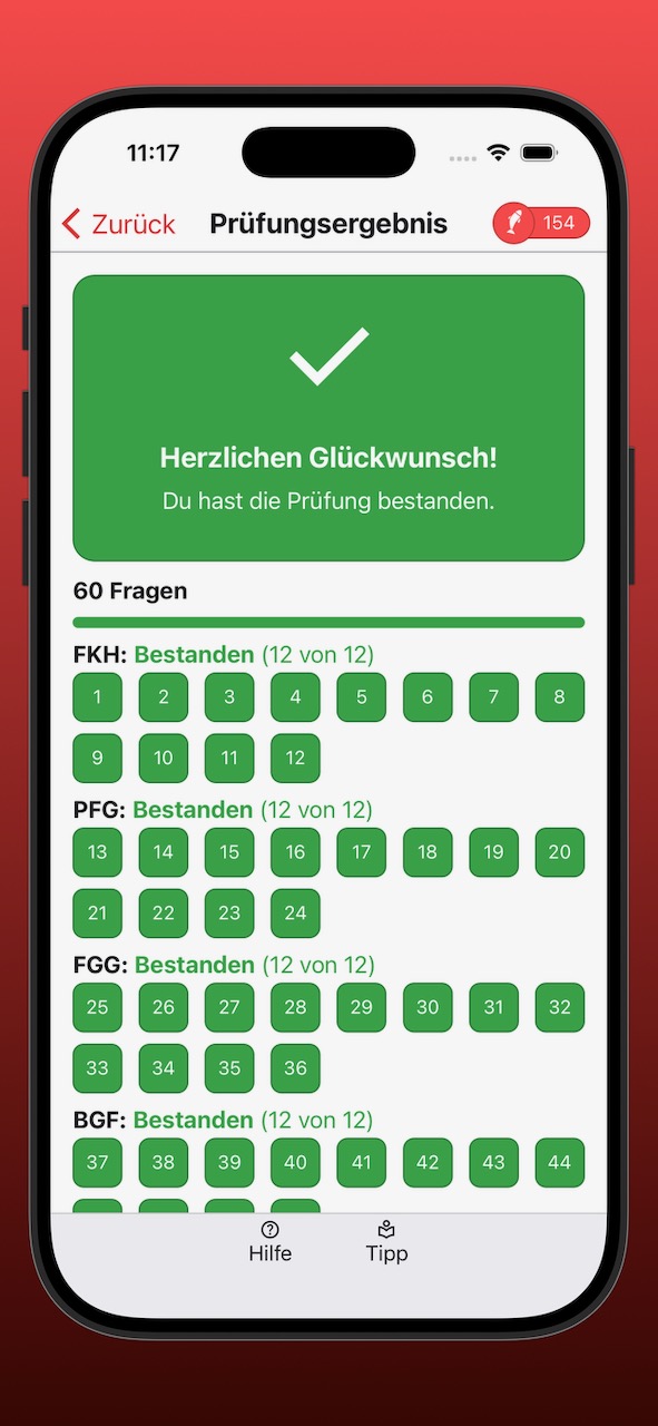 Bildschirmfoto der Anzeige eines erfolgreichen Prüfungsergebnisses