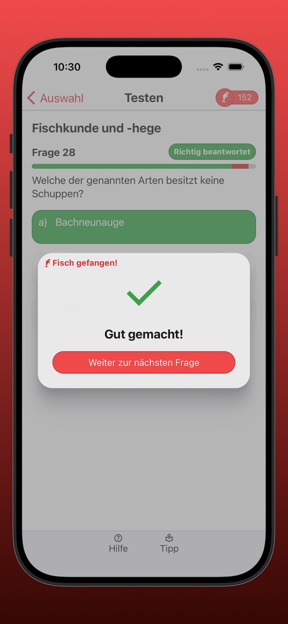 Bildschirmfoto der Ergebnisanzeige einer richtig beantworteten Frage