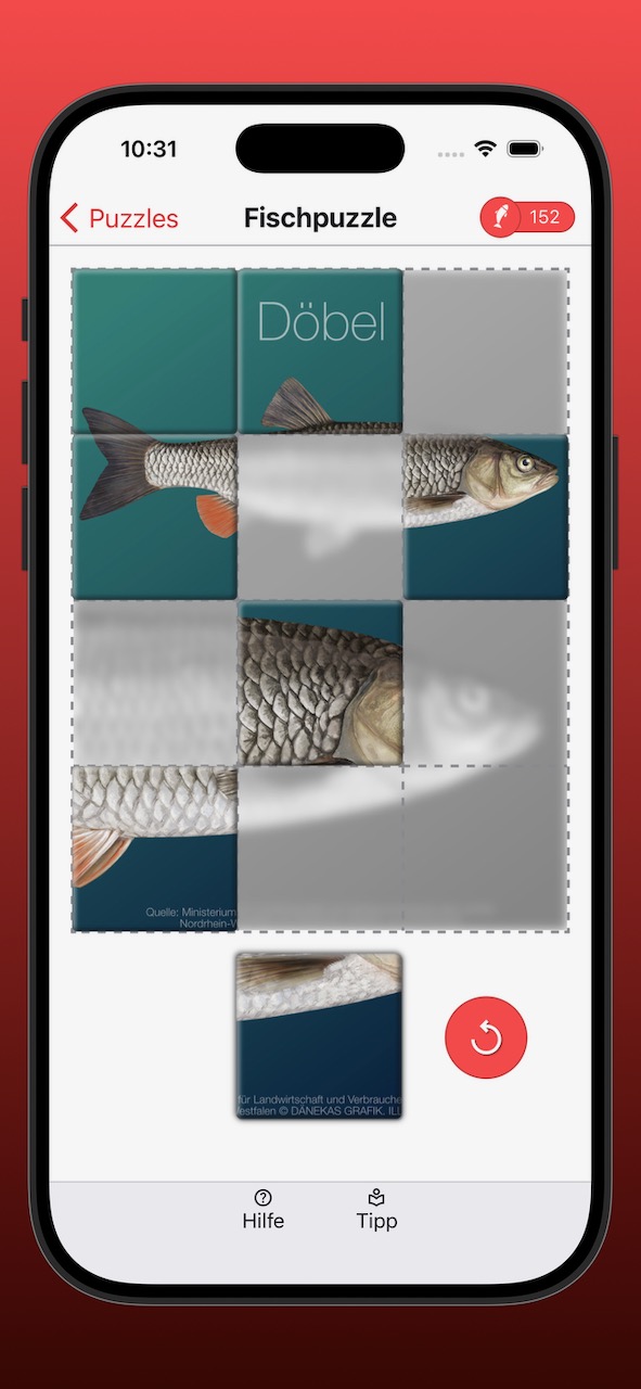 Bildschirmfoto der Anzeige eines Fischpuzzles während der Bearbeitung
