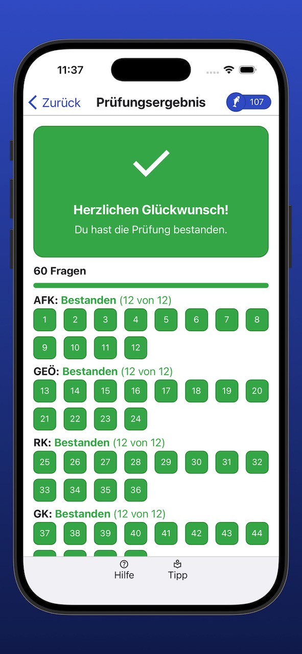 Bildschirmfoto der Anzeige eines erfolgreichen Prüfungsergebnisses
