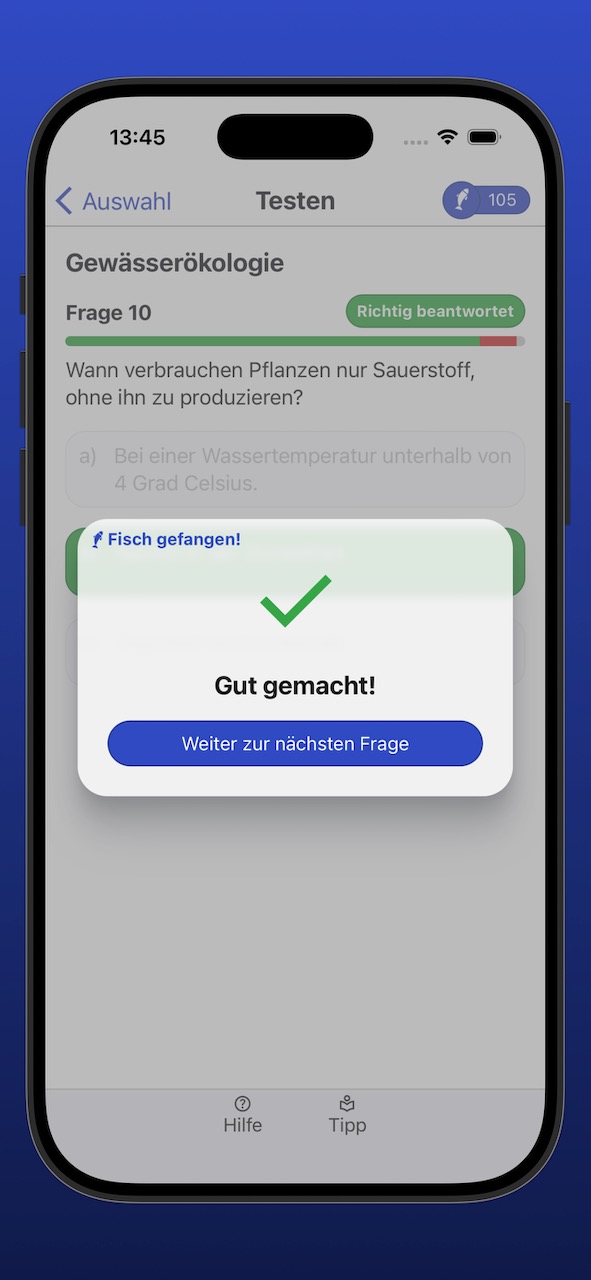 Bildschirmfoto der Ergebnisanzeige einer richtig beantworteten Frage