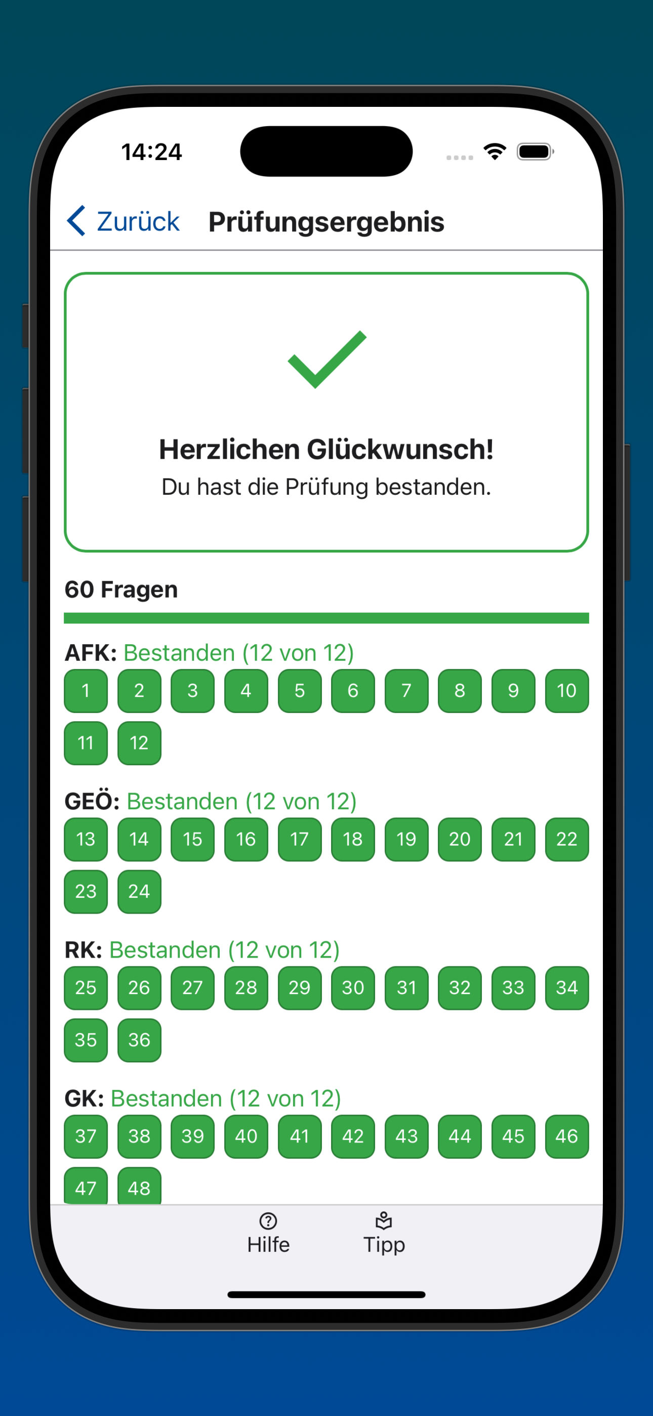 Bildschirmfoto der Anzeige der Übersicht über die beantworteten Prüfungsfragen
