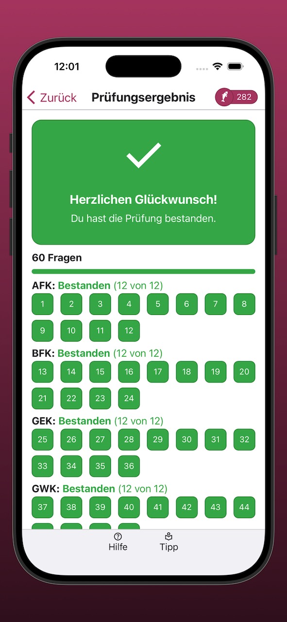 Bildschirmfoto der Anzeige eines erfolgreichen Prüfungsergebnisses