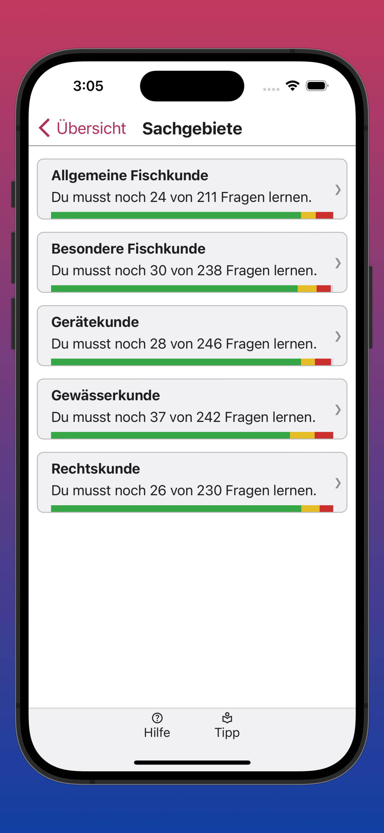 Bildschirmfoto der Übersicht über den Lernfortschritt in allen Sachgebieten