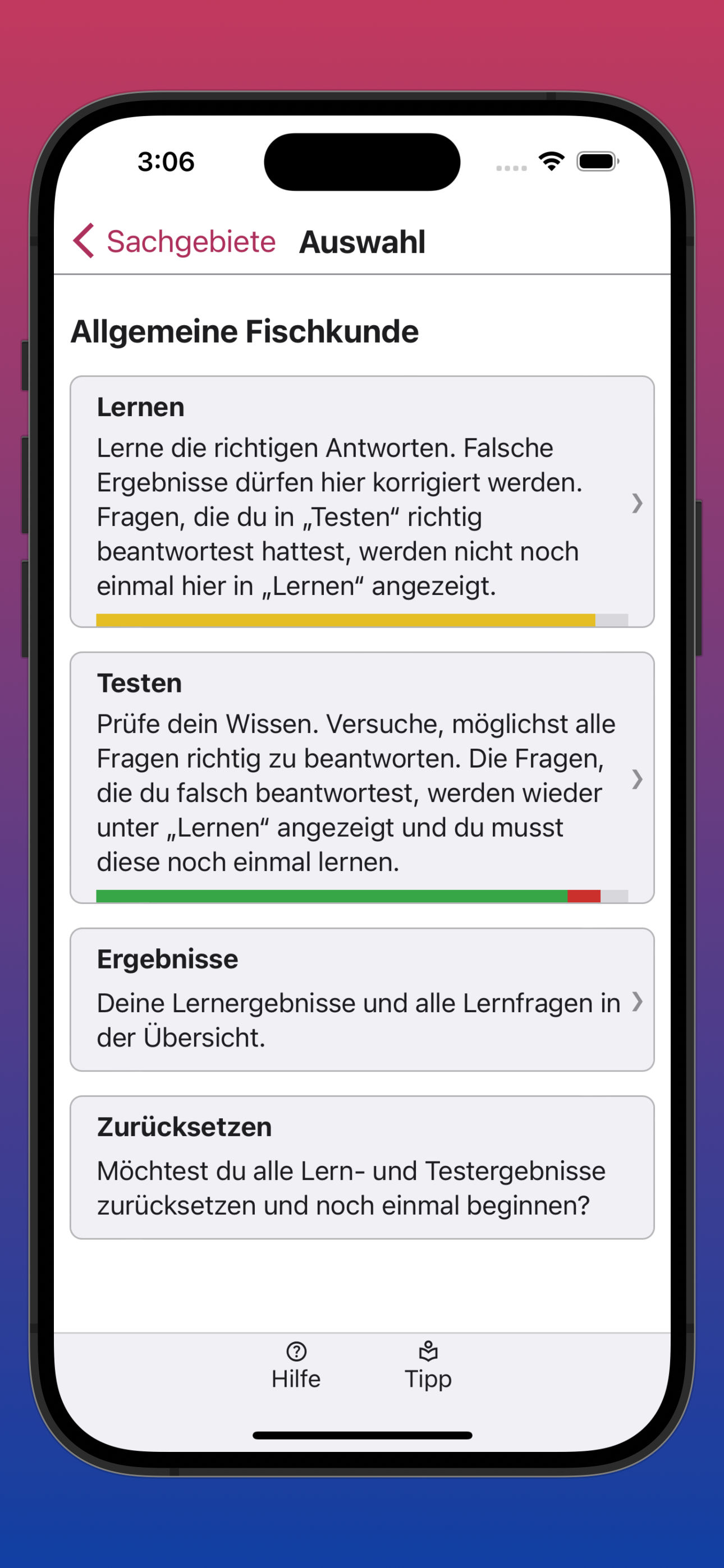 Bildschirmfoto der Übersicht der Auswahl eines Sachgebiets
