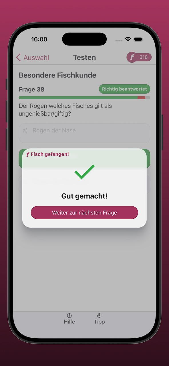 Bildschirmfoto der Ergebnisanzeige einer richtig beantworteten Frage