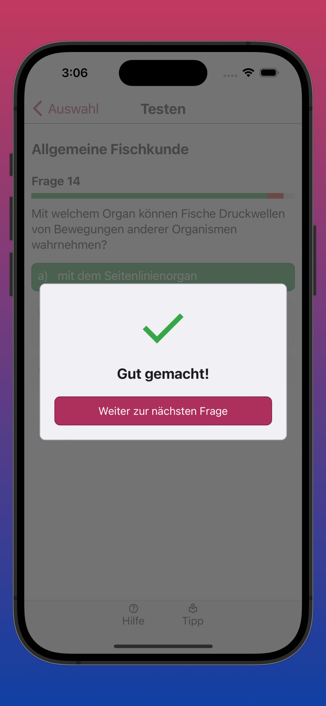 Bildschirmfoto der Ergebnisanzeige einer richtig beantworteten Frage