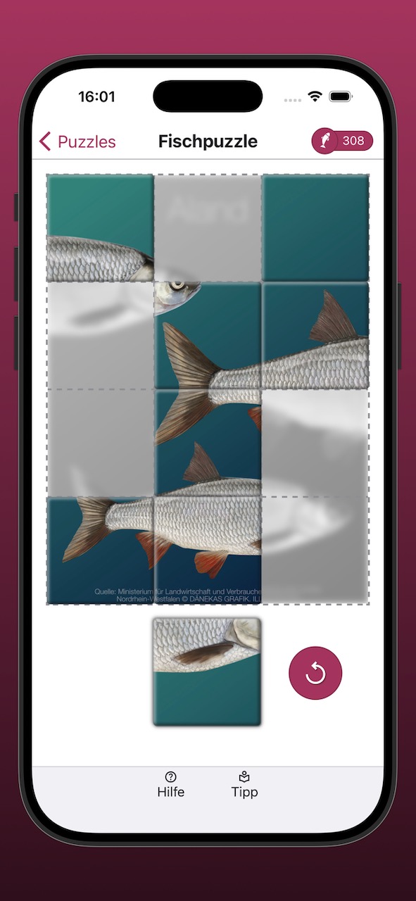 Bildschirmfoto der Anzeige eines Fischpuzzles während der Bearbeitung