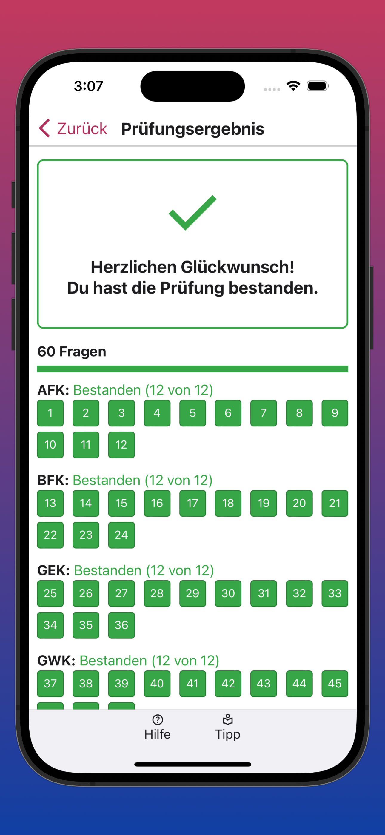 Bildschirmfoto der Anzeige der Übersicht über die beantworteten Prüfungsfragen