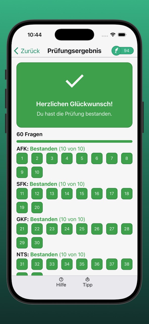 Bildschirmfoto der Anzeige eines erfolgreichen Prüfungsergebnisses
