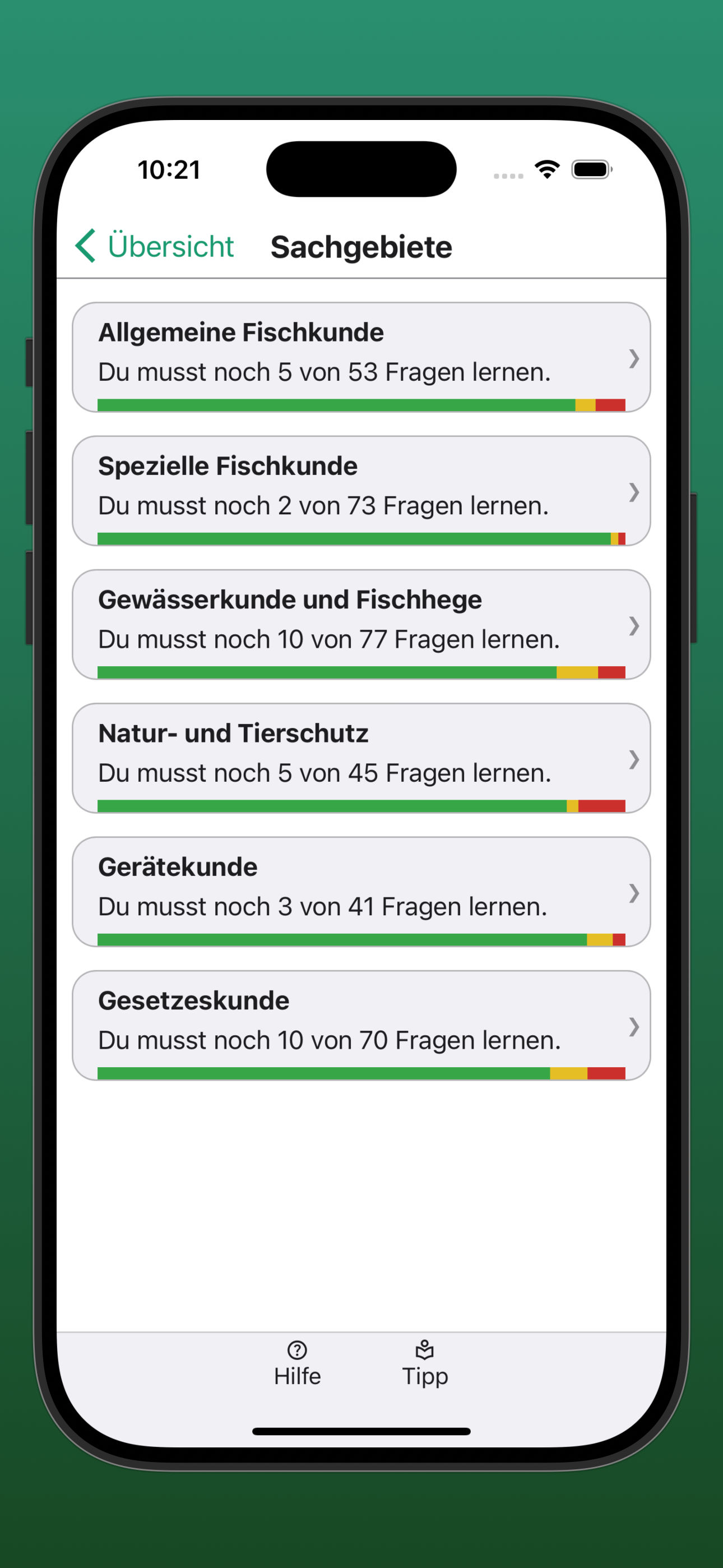 Bildschirmfoto der Übersicht über den Lernfortschritt in allen Sachgebieten