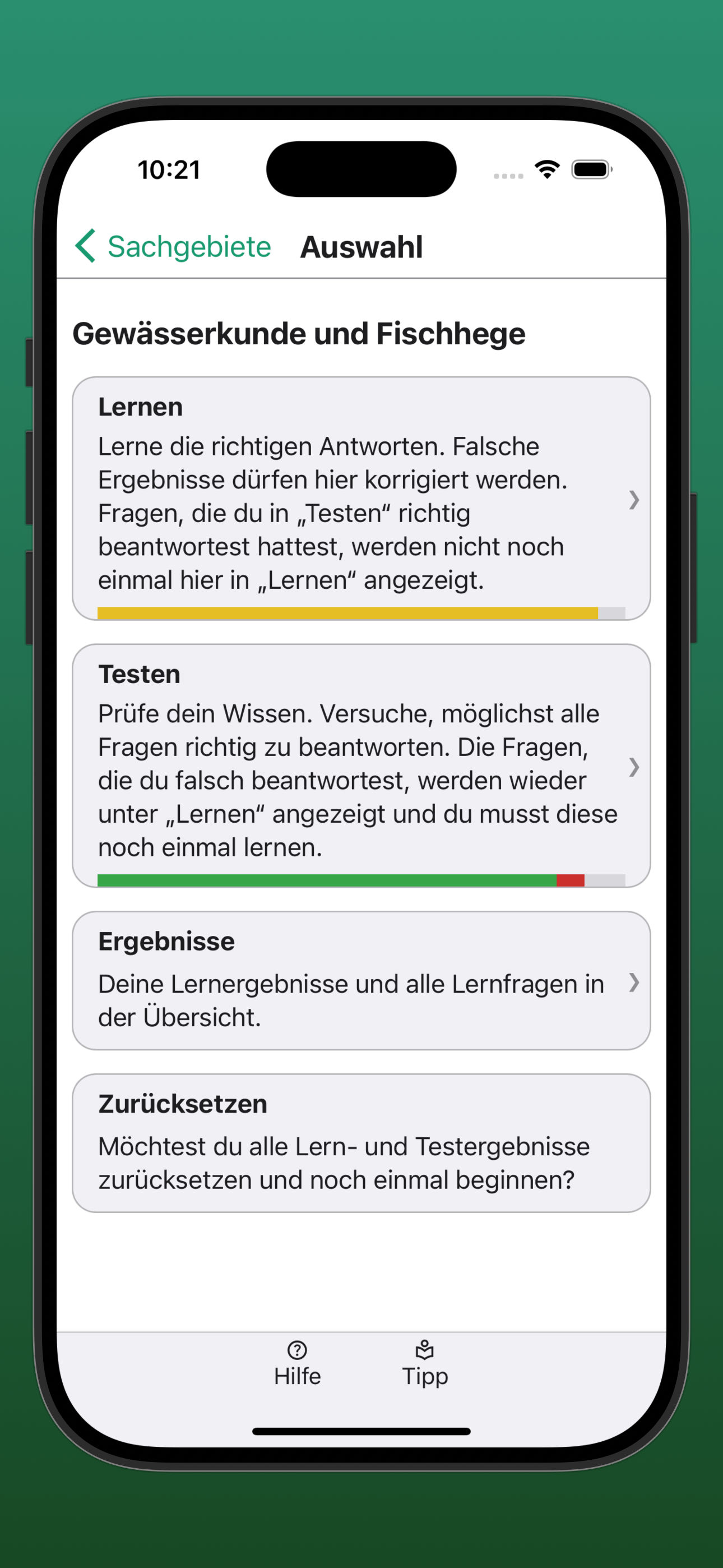 Bildschirmfoto der Übersicht der Auswahl eines Sachgebiets