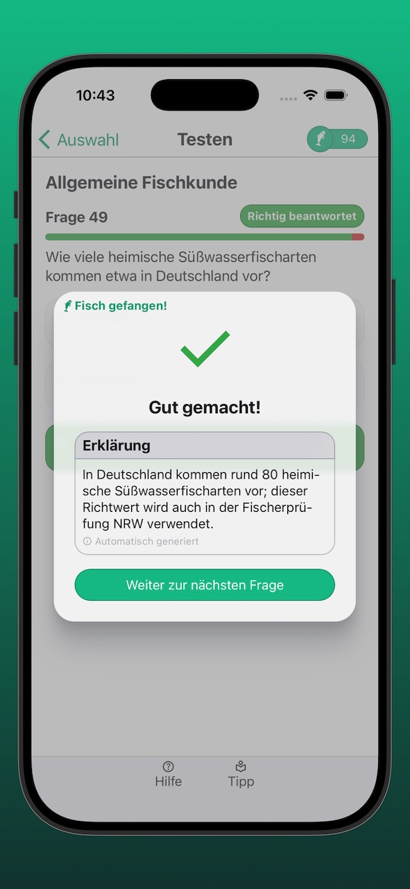 Bildschirmfoto der Ergebnisanzeige einer richtig beantworteten Frage