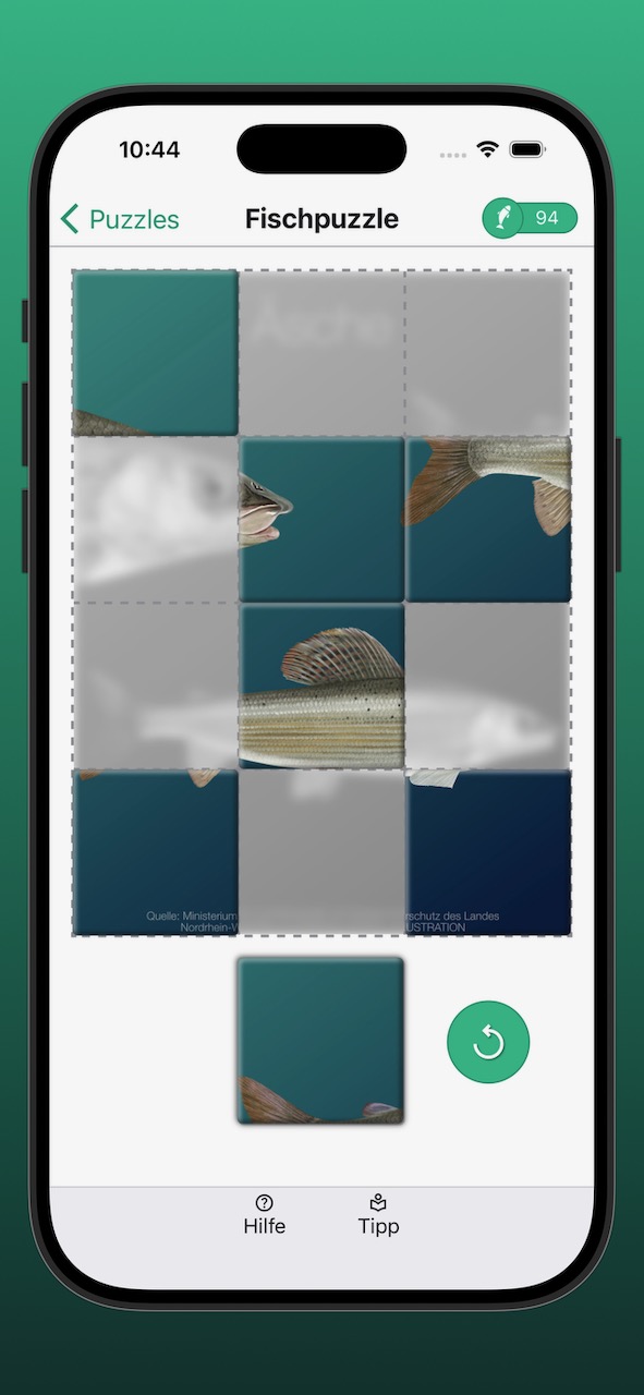 Bildschirmfoto der Anzeige eines Fischpuzzles während der Bearbeitung