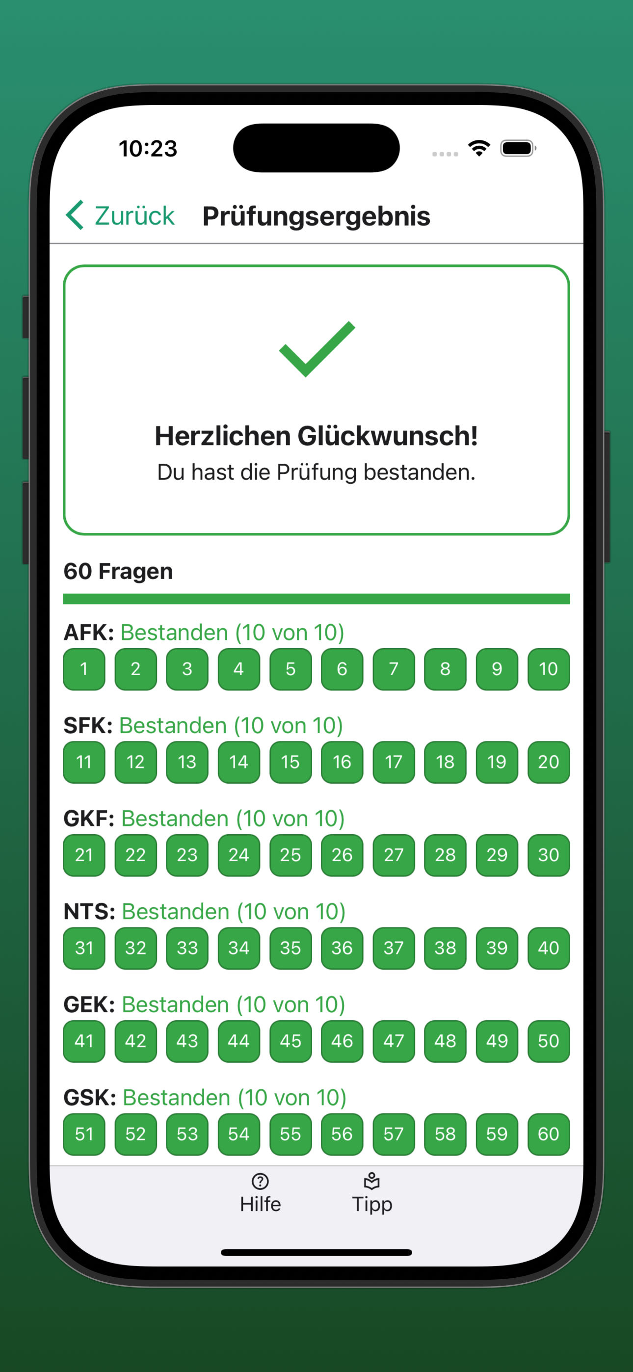 Bildschirmfoto der Anzeige der Übersicht über die beantworteten Prüfungsfragen