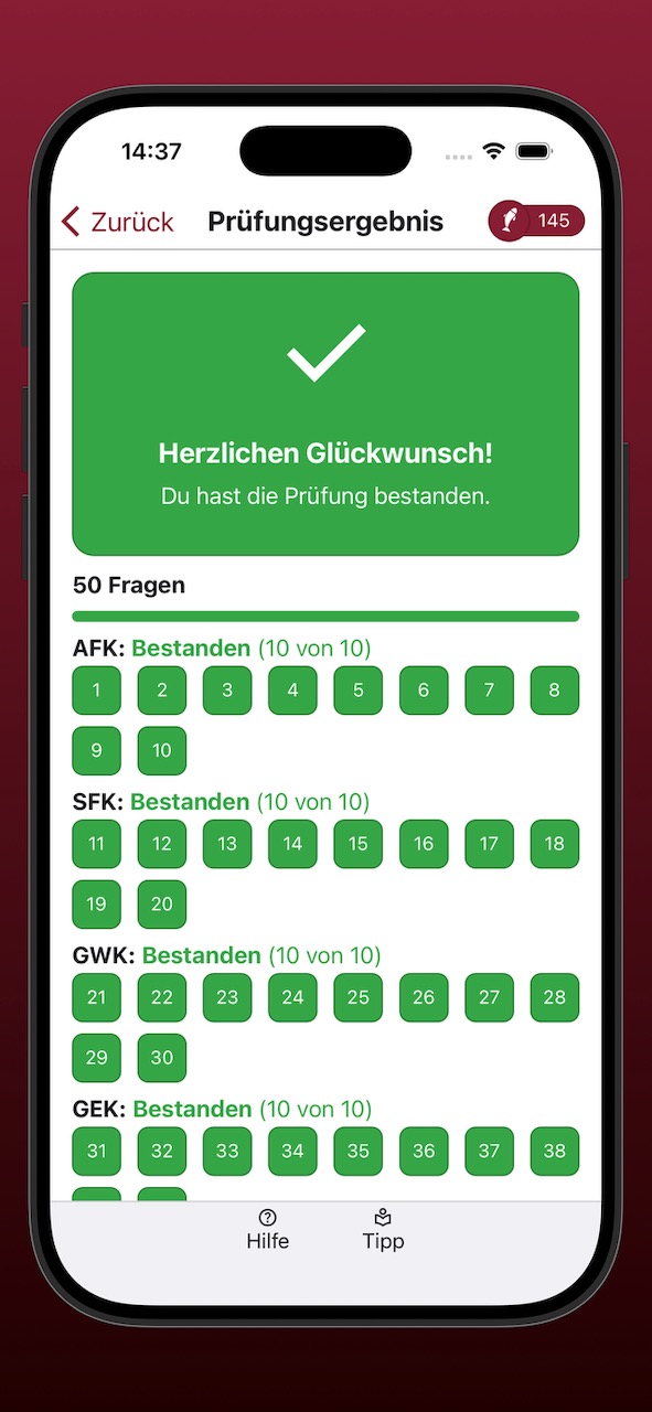 Bildschirmfoto der Anzeige eines erfolgreichen Prüfungsergebnisses
