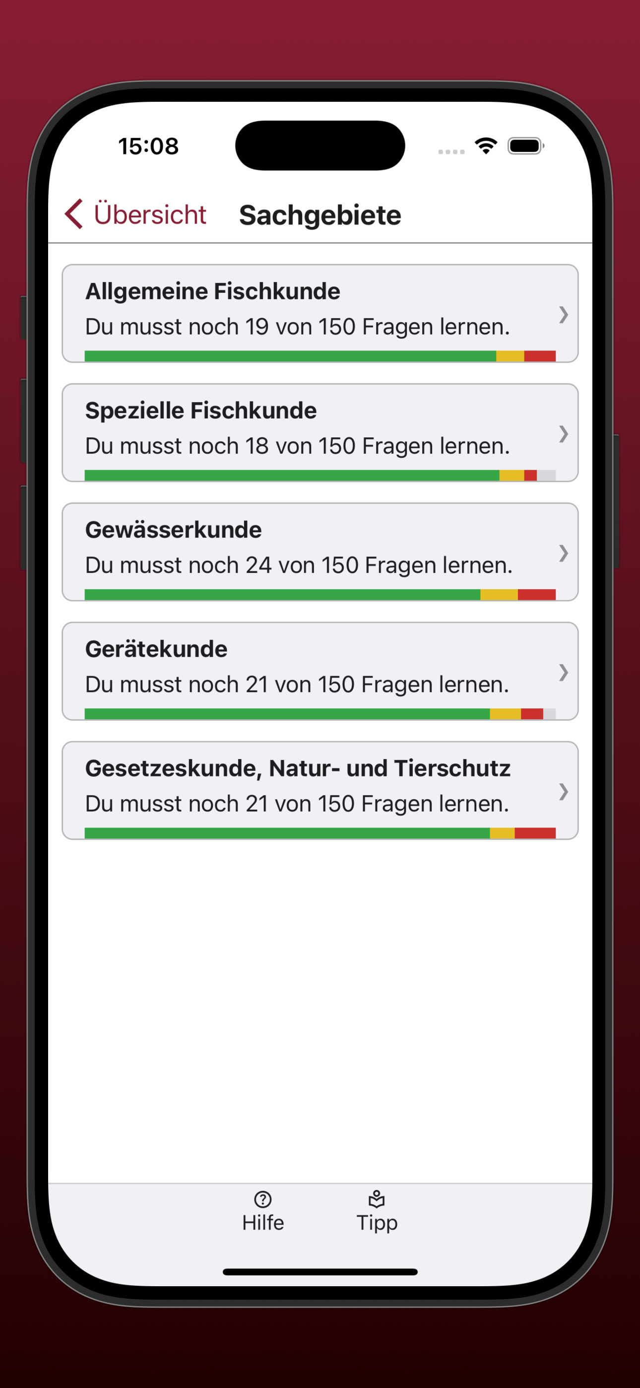 Bildschirmfoto der Übersicht über den Lernfortschritt in allen Sachgebieten