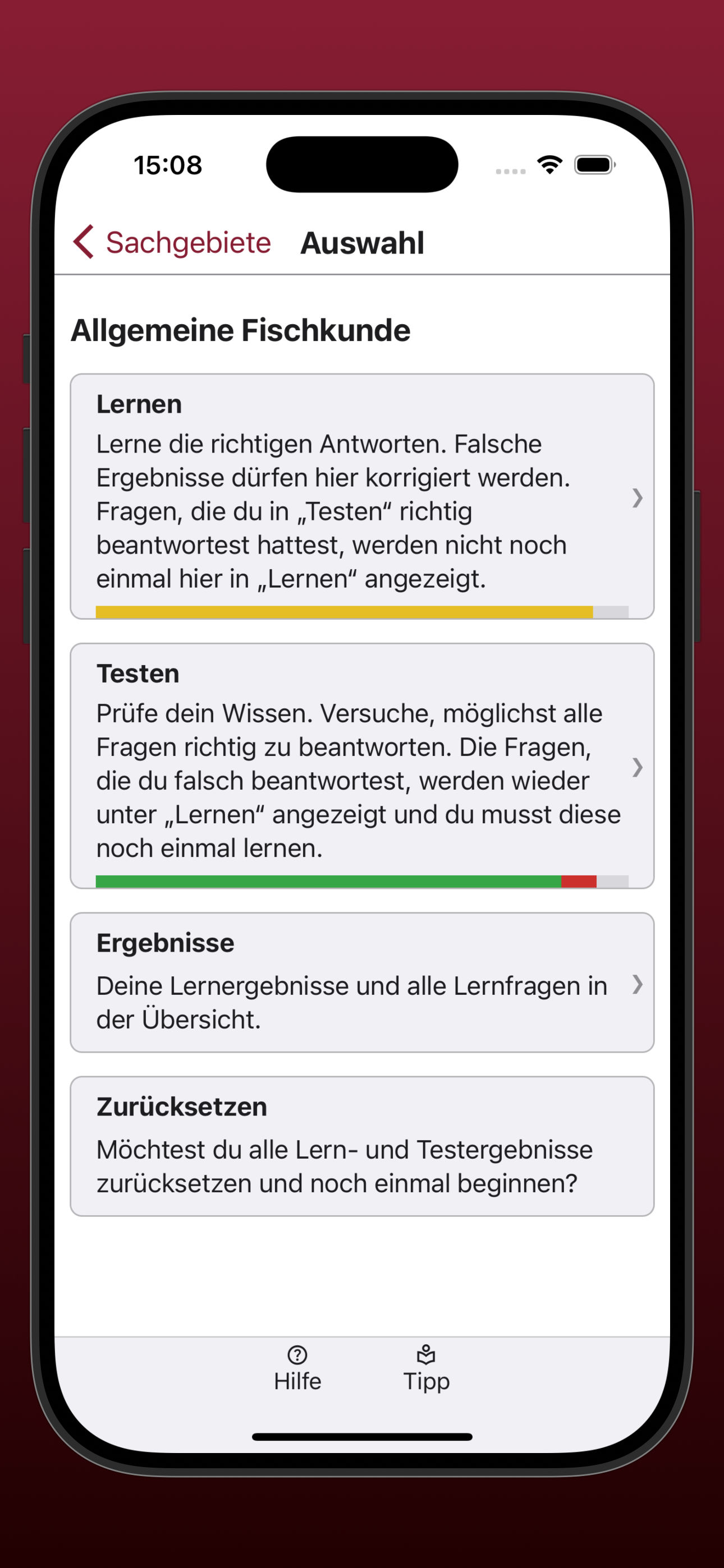 Bildschirmfoto der Übersicht der Auswahl eines Sachgebiets