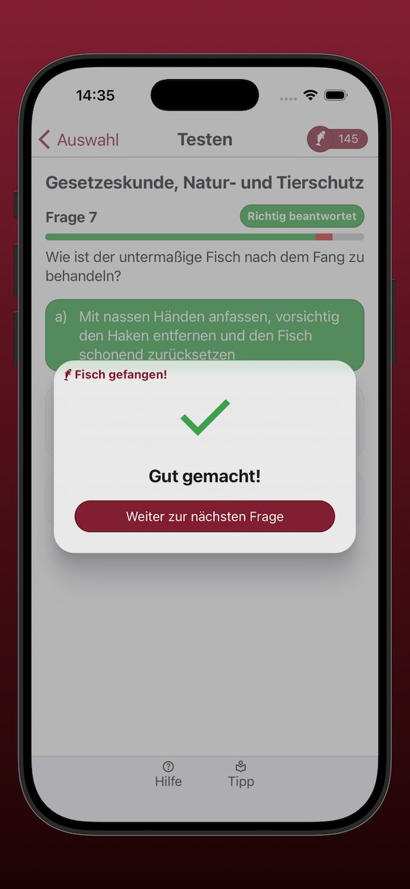 Bildschirmfoto der Ergebnisanzeige einer richtig beantworteten Frage