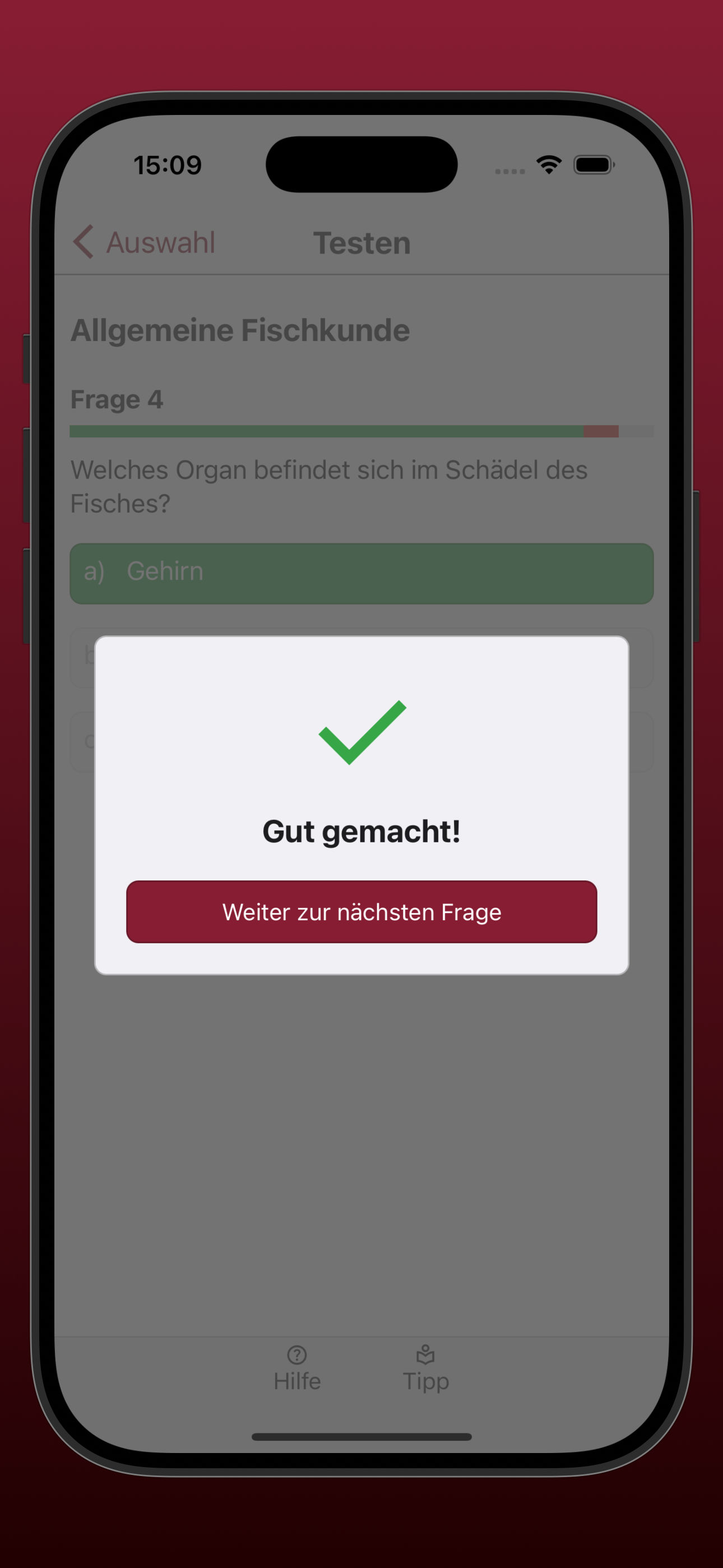 Bildschirmfoto der Ergebnisanzeige einer richtig beantworteten Frage