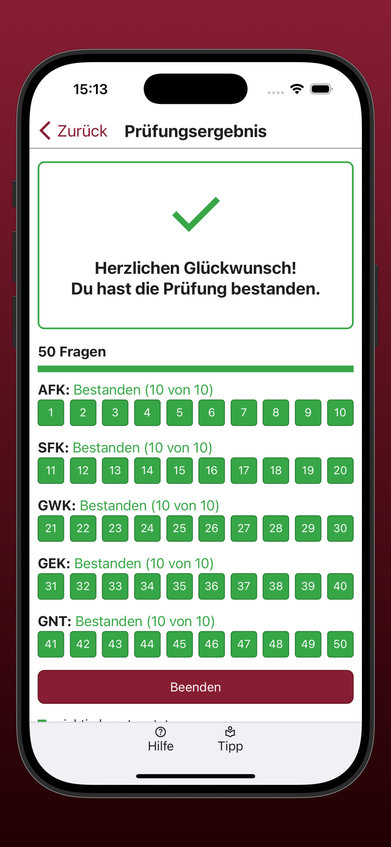 Bildschirmfoto der Anzeige der Übersicht über die beantworteten Prüfungsfragen
