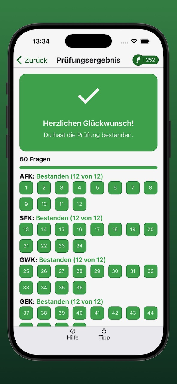 Bildschirmfoto der Anzeige eines erfolgreichen Prüfungsergebnisses