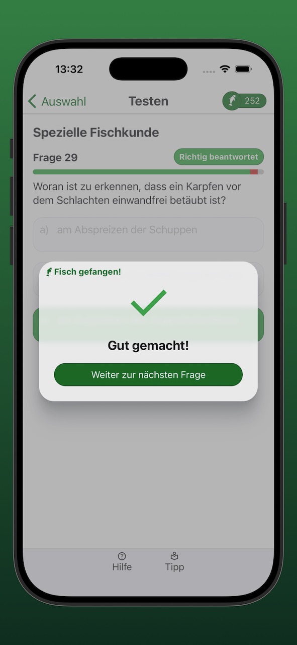 Bildschirmfoto der Ergebnisanzeige einer richtig beantworteten Frage